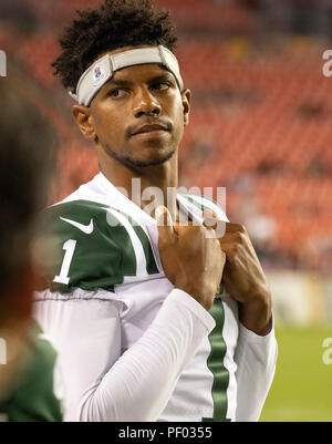 New York Jets wide receiver Terrelle Pryor (1) Uhren im vierten Quartal Aktion während des Spiels gegen die Washington Redskins an FedEx Field in Landover, Maryland auf Donnerstag, 16. August 2018. Die Redskins gewann das Spiel 15 - 13. Credit: Ron Sachs/CNP (Einschränkung: Keine New York oder New Jersey Zeitungen oder Zeitschriften innerhalb eines 75-Meilen-Radius von New York City) | Verwendung der weltweiten Kredit: dpa Picture alliance/Alamy leben Nachrichten Stockfoto