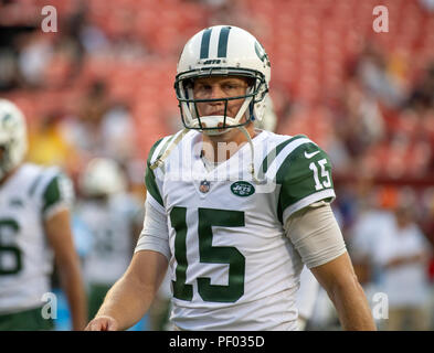 New York Jets Quarterback Josh McCown (15) vor dem Spiel gegen die Washington Redskins an FedEx Field in Landover, Maryland auf Donnerstag, 16. August 2018. Credit: Ron Sachs/CNP (Einschränkung: Keine New York oder New Jersey Zeitungen oder Zeitschriften innerhalb eines 75-Meilen-Radius von New York City) | Verwendung der weltweiten Kredit: dpa Picture alliance/Alamy leben Nachrichten Stockfoto