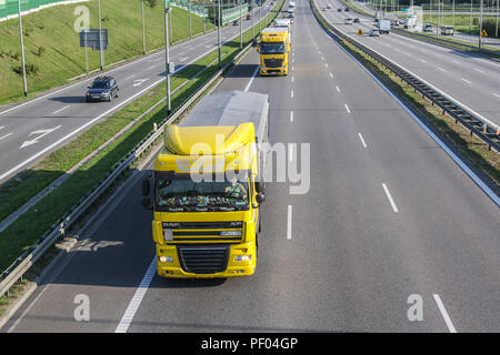 Danzig, Polen 17., 12.08.2018, GELBE DAF XF Lkw fahren auf der S7 zu sehen ist. Polnische LKW-Fahrer protestieren gegen höhere Polizeikontrollen und trffic Geldstrafen für so genannte zu lang das Überholen auf Autobahnen gegeben. Lkw trivers beschlossen, den Verkehr durch fahren 10 km/h langsamer als die Höchstgeschwindigkeit auf der Straße zu blockieren zulässig ist. Sie nannten ihren Protest Protest 69' Innovationsvermarktung tätig zu der Geschwindigkeit, mit der Sie fahren. © vadim Pacajev/Alamy leben Nachrichten Stockfoto