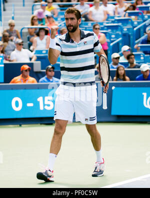 Ohio, USA. 18. August 2018. Marin Cilic (CRO) feiert einen Punkt gegen Novak Djokovic (SRB) bei den Western Southern Open in Mason, Ohio, USA. Brent Clark/Alamy Live News Stockfoto