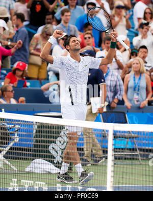 Ohio, USA. 18. August 2018. Novak Djokovic (SRB) feiert seinen Sieg über Marin Cilic (CRO) der westlichen Süden öffnen, Mason, Ohio, USA. Brent Clark/Alamy leben Nachrichten Stockfoto