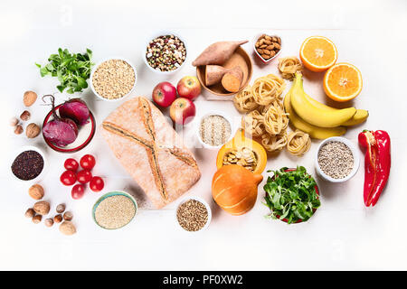 Lebensmittel, die einen hohen Gehalt an Kohlenhydraten. Gesundes Essen. Ansicht von oben Stockfoto