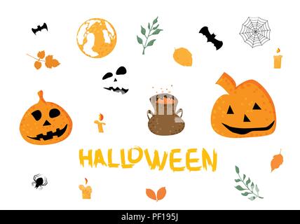 Satz von Halloween Gegenstände und Figuren und handschriftliche Schriftzug isoliert. Elemente für Poster, Karte, Flyer, Social Media und Design. Vektor i Stock Vektor