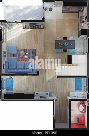 Modernes Haus Zimmer Ansicht von oben. 3D-Rendering Stockfoto