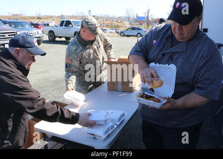 Die Soldaten der Virginia National Guard des 276th Engineer Battalion, 91st Truppenkommando, und des 116th Special Trupps Battalion, 116th Infantry Brigade Combat Team, unterstützten am 28. Februar 2016 lokale, staatliche, bundesstaatliche und Freiwillige Agenturen im Appomattox County, Virginia. Soldaten entfernten Trümmer mit Kettensägen, führten Gesundheits- und Wohlfahrtsprüfungen durch und halfen bei der Lieferung von Nahrungsmitteln und Wasser nach Unwettern, was die Erholung und den staatlichen aktiven Dienst unterstützte. Stockfoto