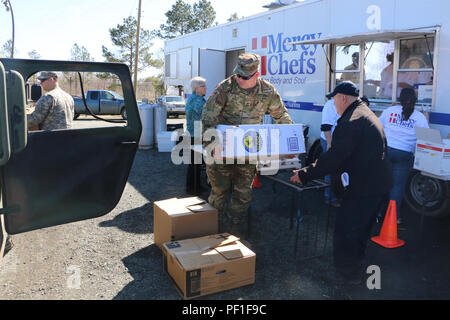 Am 28. Februar 2016 unterstützten Soldaten der Virginia National Guard aus dem 276. Ingenieur-Bataillon, 91. Truppenkommando, und dem 116. Special Trupps Battalion, 116. Infanterie-Brigade Combat Team lokale, staatliche, bundesstaatliche und freiwillige Organisationen im Appomattox County, Virginia, nach Unwetter. Soldaten räumten Trümmer, führten Gesundheits- und Wohlfahrtsprüfungen durch und halfen bei der Lieferung von Nahrungsmitteln und Wasser, unterstützten die Wiederherstellung und staatliche Noteinsätze. Stockfoto