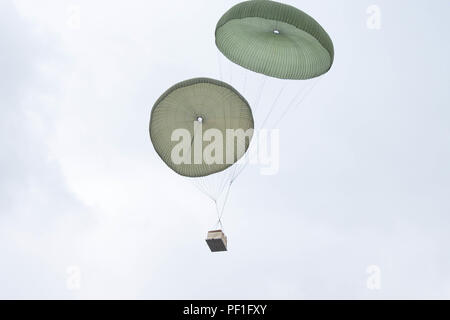 Ein wasserreinigungssystem Zugehörigkeit zur 173Rd Airborne Brigade steigt auf Frida IV Drop Zone, Februar 23, 2016, nach der von der US Air Force 86th Air Wing Hercules C-130 Flugzeugen in Pordenone, Italien. Die 173Rd Airborne Brigade ist der US-Armee Contingency Response Force in Europa, die in der Projektion bereit Kräfte überall in den USA in Europa, Afrika oder Verantwortungsbereich Zentrale Befehle' innerhalb von 18 Stunden. (U.S. Armee Foto von visuellen Informationen Spezialist Graigg Faggionato/Freigegeben) Stockfoto