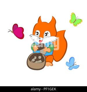 Cute cartoon Squirrel mit einem Korb voller Pilze umgeben von bunten Schmetterlingen isoliert weißer Hintergrund. Stock Vektor