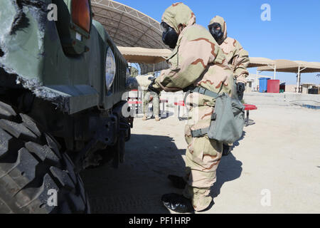 U.S. Navy Segler ein Fahrzeug während der Aufklärung, Überwachung und Dekontamination Schulung durch die chemische biologische Marines gehostet mit Marine Wing Support Squadron 372 dekontaminieren, Special Purpose Marine Air Ground Task Force-Crisis Response-Central Befehl an einem unbekannten Ort in Südwestasien, Jan. 20, 2016. Die Staffel ist derzeit die Unterstützung der Luftfahrt Combat Element mit SPMAGTF-CR-CC zur Unterstützung der Operation inhärenten Lösen. (U.S. Marine Corps Foto von Sgt. Owen Kimbrel/Freigegeben) Stockfoto