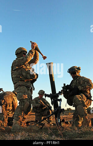 Pfc. Brady Barrett (links) und SPC. Darron Harris, sowohl indirekte Feuer Infanteristen zum Hauptsitz und Sitz Truppe, 3 Staffel, 2 Cavalry Regiment zugeordnet, Hängen und Feuer ein 81 mm Mörser Runde aus einer M252 Mörser System während einer multinationalen Mörtel live Fire Training neben Lettischen Partner, 24.02.17, bei Adazi Militärbasis, Lettland. Soldaten beider Armeen nahm die Umdrehungen, die Proben und die Durchführung eines live-Brand durch Reaktion auf feindliche Kontakt über direkte und indirekte Feuer zur Unterstützung der Operation Atlantic lösen, eine multinationale Demonstration der anhaltenden US-Engagement für die col Stockfoto