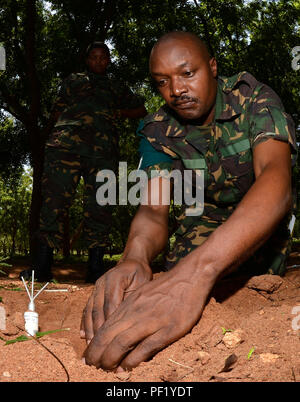 Ein Mitglied der tansanischen Volk Defence Force entfernt Schmutz um eine simulierte nicht explodierte Landminen während eines humanitären Minenräumung Level 1 Schulung in Dar es Salaam, Tansania, Jan. 17, 2016. Mitglieder der Combined Joint Task Force-Horn Afrikas EOD Mobile Unit 1 Mannschaft verbrachte 25 Tage Training Mitglieder der TPDF in Themen wie Basic nicht zur Wirkung gelangter Kampfmittel Entsorgung, physische Sicherheit von Munition und Sprengstoff gefahren. (U.S. Air Force Foto von Tech. Sgt. Dan DeCook) Stockfoto