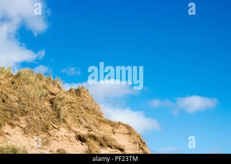 Grasbewachsene Dünen vor blauem Himmel und Wolken Stockfoto