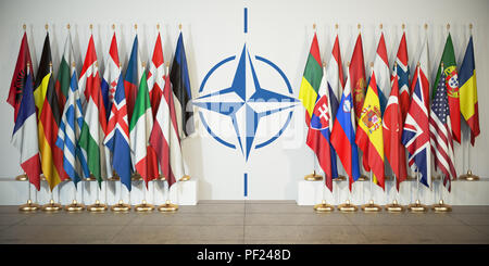 Die NATO. Fahnen der Mitglieder der Organisation des Nordatlantikvertrags und Symbol. 3D-Darstellung Stockfoto