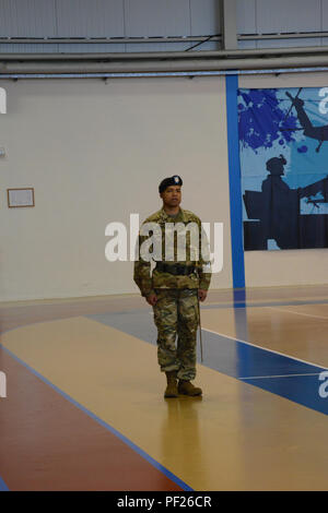 Master Sgt. Adrien L. Jenkins, 39th Signal Battalion, singt die Armee Song für den 39th Signal Battalion Wechsel der Verantwortung Zeremonie, zwischen ausgehende Befehl Sgt. Maj. Oscar Campos und eingehenden Befehl Sgt. Maj. Joe C. Birkhead IV, Aktivitäten der Community Center, Chièvres, Chièvres, Belgien, 19.02.2016. (U.S. Armee Foto von visuellen Informationen Spezialist Henri Cambier/Freigegeben) Stockfoto