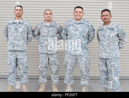 Spc. Alfonso Martinez, Sgt. Miguel Castelan, Staff Sgt. Jose Torresmartinez und Sgt. 1. Klasse Philip Sagayo geholfen Unterstützung Sgt. Maj. David Dean, 650Th Region Support Group Senior Logistik noncommissioned Officer verantwortlich, während die Besten 650th RSG Krieger, Nellis Air Force Base gehalten wurde und der Einheit Hauptsitz 18-20 Feb. Stockfoto