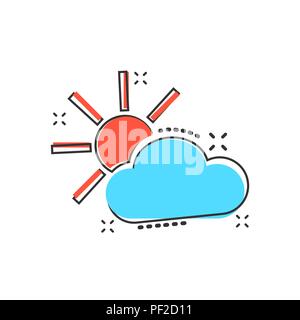 Vektor cartoon Wettervorhersage Symbol im Comic-stil. Sonne mit Wolken Konzept Abbildung Piktogramm. Cloud Business splash Wirkung Konzept. Stock Vektor