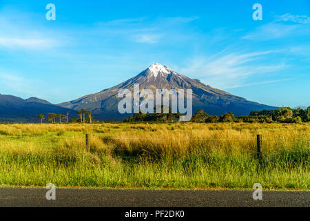 Auf der Straße, üppigen Gras, Farmen und Kühe vor Kegel Vulkan Mount Taranaki, Neuseeland Stockfoto