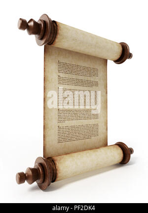 Alte Schriftrolle mit Lorem ipsum Text auf weißem Hintergrund. 3D-Darstellung. Stockfoto