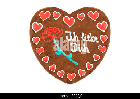 Valentines Tag Lebkuchenherz deutsche Wörter ich liebe dich (engl. ich liebe Dich) mit weißem Hintergrund isoliert. Stockfoto