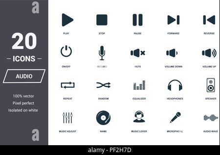 Die audiosteuerungen Symbole gesetzt. Premium Qualität symbol Collection. Die audiosteuerungen Icon Set einfache Elemente. Fertig in web design, Apps, Software zu verwenden, Prin Stock Vektor