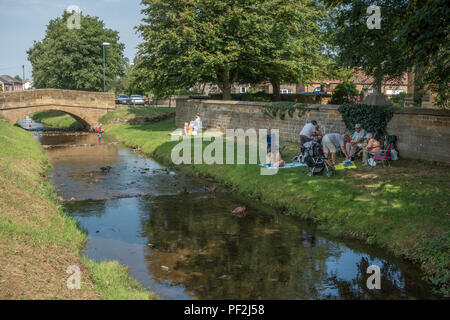 Ganze Familien genießen Picknicks in schattigen Plätzen, Crook Beck in Swainby, North York Moors Stockfoto