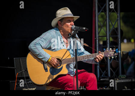 Blues Gitarrist und Sänger Robin Bibi führt an einem Open Air Festival an einem heißen Tag in London. Stockfoto