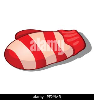 Gestrickte gestreifte cartoon Fäustling in roter und weißer Farbe auf weißem Hintergrund. Vektor cartoon Close-up Abbildung. Stock Vektor