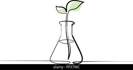 Kontinuierliche eine Linie zeichnen. Chemisches Labor Retorte mit Pflanzen sprießen. Vector Illustration Stock Vektor
