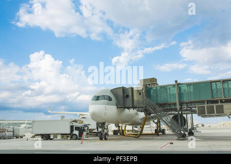 Laden der Fracht im Flugzeug Flughafen. Frachtflugzeug verladen für Logistik und Verkehr. Blick durch das Fenster Terminal Stockfoto