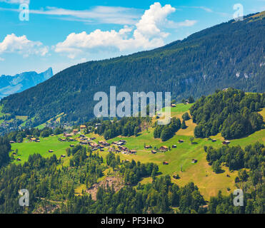 Blick von der Harderkulm in der Schweiz im Sommer. Die Harderkulm, auch als Harder Kulm, ist ein Gipfel des Mt. Härter, mit Blick auf die Städte o Stockfoto