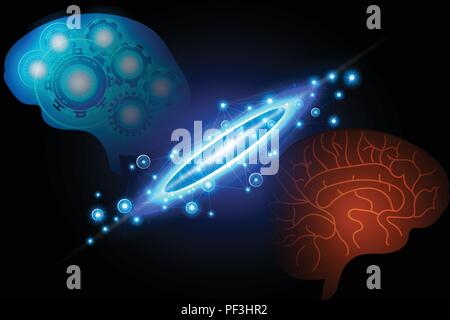 AI Künstliche Intelligenz, Mensch und Roboter Gehirn, Data Center System, Konzept Zusammenfassung Hintergrund, Vector Illustration. Stock Vektor