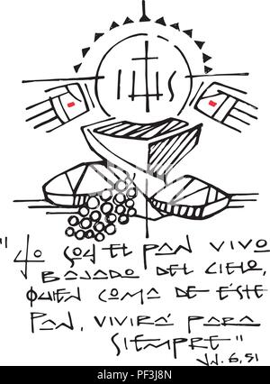 Hand vector Abbildung oder Zeichnung von einigen christlichen Symbole als Eucharistie, Brot, Trauben und offenen Hände Jesu und Phrase in Spanisch, dass Mea gezeichnet Stock Vektor