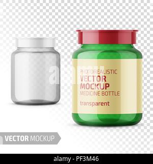 Klares Glas Medizin Flasche mit snap Deckel für Tabletten, Pillen, Drogen. Foto-realistische Verpackung mockup Vorlage mit Sample Design. Vector Illustration. Stock Vektor