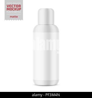 Weiß Matte Plastische, kosmetische Flasche mit Etikett. 200 ml. Cosmo runden Stil. Für Lotion, Körpermilch, Shampoo etc. Fotorealistische Verpackung mockup. Stock Vektor