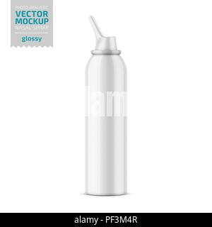 Weiß glänzend Aluminium Flasche mit Sprüher für Nasenspray. 125 ml. Foto-realistische Verpackung mockup Vorlage. Vector Illustration. Stock Vektor
