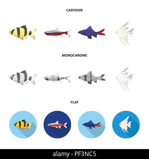 Angelfish, Common, Barbus, neon. Fisch set Sammlung Icons im Cartoon, flach, Schwarzweiß-Stil vektor Symbol lieferbar Abbildung. Stock Vektor