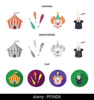 Zirkuszelt, jongleur Streitkolben, Clown, Zauberer Hut. Circus Collection Symbole im Cartoon, flach, Schwarzweiß-Stil vektor Symbol lieferbar Abbildung. Stock Vektor