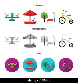 Karussell, Sandkasten, Park, Dreirad. Spielplatz set Sammlung Icons im Cartoon, flach, Schwarzweiß-Stil vektor Symbol lieferbar Abbildung. Stock Vektor