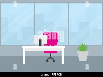 Flache Ausführung von ein Büro mit Blick auf die Stadt hinter einem großen Fenster, einem weißen Schreibtisch mit einem Computer, einer Tastatur und einer Maus, und ein roter Stuhl. Standin Stock Vektor