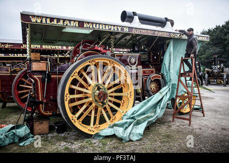 Ein Enthusiast benötigt, eine Plane aus seinem Burrell Showmans Straße Lokomotive als Dutzende von Dampf angetriebene Fahrzeuge in einem Pub in Dorset vor ihren Weg zum Great Dorset Steam Fair, wo Hunderte von Zeitraum dampfbetriebene Zugmaschinen und schwere mechanische Ausrüstung aus allen Epochen für die jährlichen Erscheinen am 23. bis 27. August 2018 sammeln Sammeln, zu 50 Jahren feiern. Stockfoto