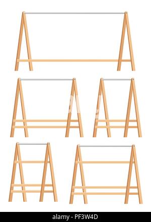 Holz Kleiderbügel Rack eingestellt. Holz- Objekt für Shop oder oder für die Halle. Holz und Metall. Flache Vector Illustration auf weißem Hintergrund. Stock Vektor