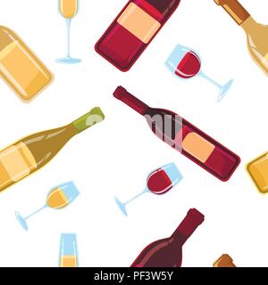 Nahtlose Muster. Flache Wein Flaschen mit leeres Etikett und Gläser. Rot- und Weißwein. Vector Illustration auf weißem Hintergrund. Stock Vektor