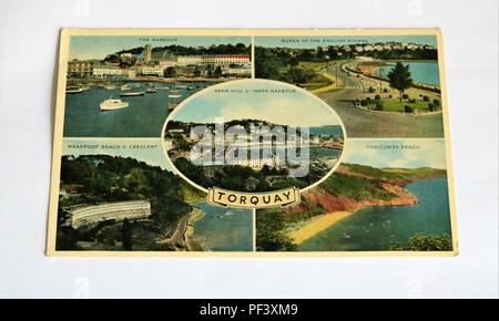 Frühe Farbe Postkarte, die verschiedene Szenen bei Torquay, Devon, Großbritannien Stockfoto