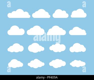 Cartoon flachbild Satz von weißen Wolken am blauen Hintergrund isoliert. Weiße Wolke. Vector Illustration Stock Vektor