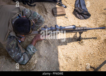 Die albanische Spezialeinheit Scharfschützentraining ist eine bilaterale militärische Schießerei, die mit Einheiten der Nationalgarde der United States Army durchgeführt wird. Das Archivbild dokumentiert das Live-Fire-Scharfschützen-Training mit dem M110 Semi-Automatic Sniper System während einer gemeinsamen Übung auf der Joint Base McGuire-Dix-Lakehurst im Jahr 2018. Stockfoto