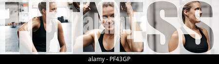 Collage eines passen junge Frau lächelnd, während sie eine Pause von Ihrem Fitnessstudio Workout mit einem Overlay des Wortes fitness Stockfoto
