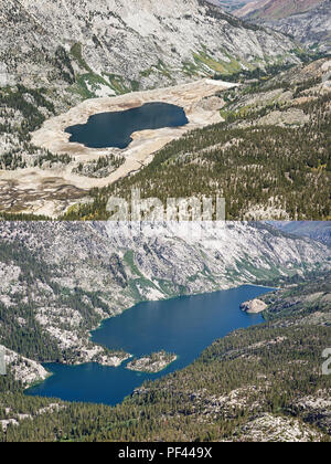 Luftbild mit niedrigem Wasserstand und Full Level in South Lake Reservoir in Kalifornien 2014 und 2018 Stockfoto