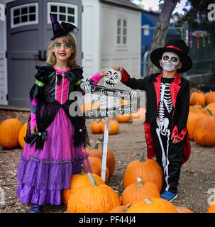 Halloween kids, Trick-or-treat. Kinder trägt Kostüm von Skelett und Hexe für Halloween Trick-or-Treaten Partei Stockfoto