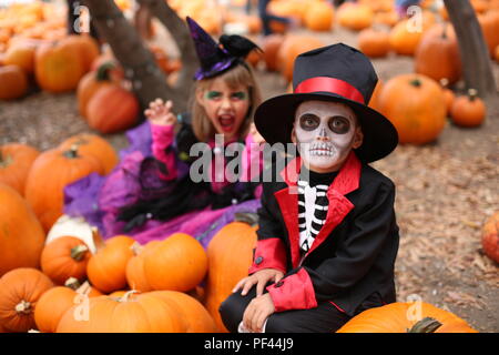 Halloween kids, Trick-or-treat. Kinder trägt Kostüm von Skelett und Hexe für Halloween Trick-or-Treaten Partei Stockfoto