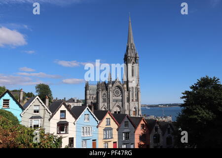 Cobh farbenfrohen Häuser und die prächtige Kathedrale und sieht aus, als es auf den Dächern der Häuser sitzt, genießen Sie die irischen Sommer Sonne. Stockfoto